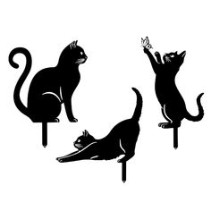 three black cats sitting on top of a wooden pole with one cat reaching up to the other