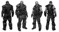 three different views of the armor worn in halo wars, including two men and one woman