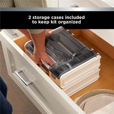 two storage cases included to keep kit organized in the kitchen drawer area, with text overlay that reads 2 storage cases included to keep kit organized