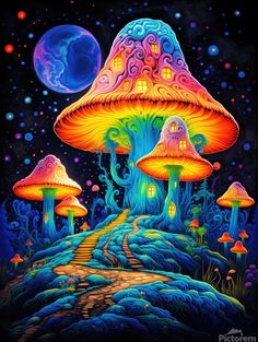 an image of colorful mushrooms in the night sky