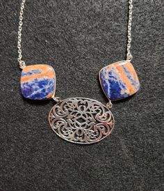 Sterling Filigree Handmade Jewelry  Beautiful Orange Sodalite Connector Linked gemstone jewelry features multiple uniquely distinctive designs  - can be an unique piece of jewelry for, special occasions, wedding, Easter, casual occasion. Sodalite:  Treats the throat, vocal cords. Opens the mind to logic and rationality, inducing clarity and comprehension. Sodalite has soothing, calming vibrations to help you reach a deep meditative state for clear divination and empathic readings. Necklace Detai Vocal Cords, Sodalite Necklace, Jewelry Beautiful, Empath, 925 Jewelry, Gemstone Necklace, Gemstone Pendant, Logic, Unique Pieces