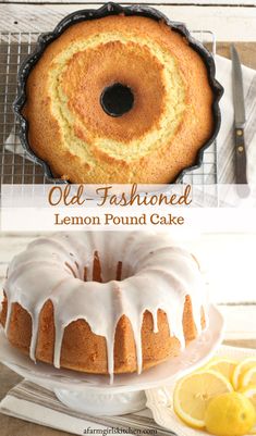 an old fashioned lemon pound cake with icing on top, and the recipe below