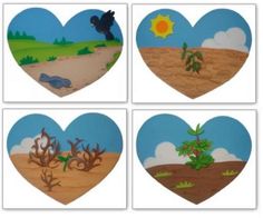 four heart shaped pictures with animals and plants in them