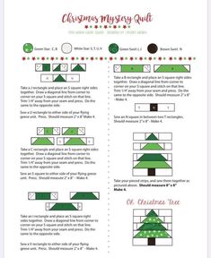 the christmas mystery quilt pattern is shown in green and red, with instructions to make it