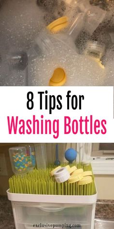 several bottles filled with cleaning supplies and the words 8 tips for washing bottles