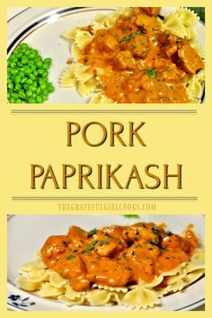 the cover of pork paprikash is shown with peas and sauce on it