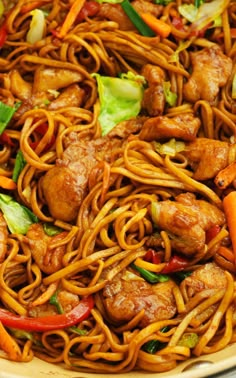 chicken and vegetable lo mein in a bowl with carrots, peppers, lettuce and onions