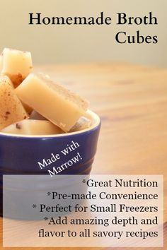 homemade broth cubes in a blue bowl on a wooden table with the title, homemade broth cubes