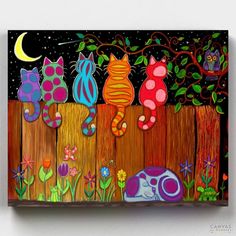 a painting of cats sitting on top of a wooden fence