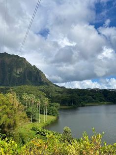 a lake surrounded by lush green trees under a blue sky with white clouds and mountains in the background