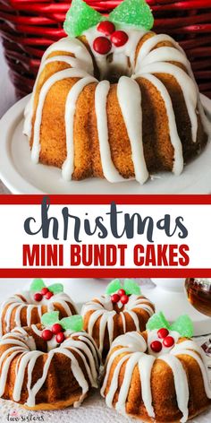 christmas mini bundt cakes with white icing and candy on the top are shown