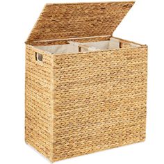 an empty wicker basket with the lid open