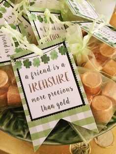 an image of a st patrick's day gift tag on a plate with wine corks