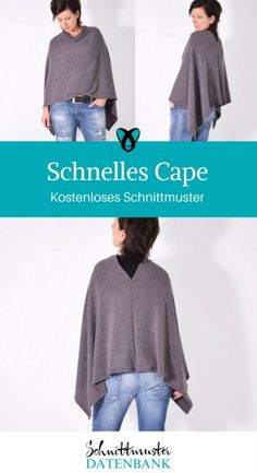 three pictures of a woman wearing a sweater and jeans, with the text schnelles cape