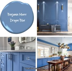 blue kitchen cabinets and counter tops with the words bespanin more dragon blue