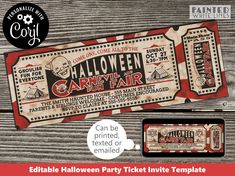 two tickets for halloween party with the text, can be printed or emailed on it