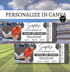 two tickets for a baseball game with the words personalize in canva on them