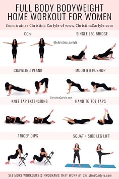 the full body bodyweight home workout for women is shown in this poster, with instructions to