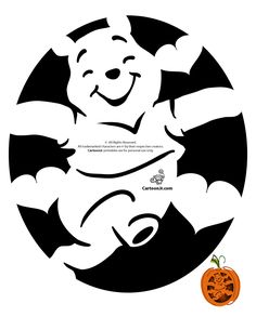 a winnie the pooh pumpkin sitting in front of a black and white circle with an orange jack - o'- lantern