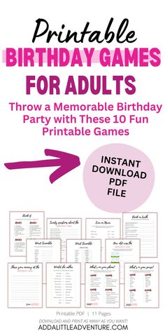 Printable Birthday Games for Adults - Throw a Memorable Birthday Party Games At Birthday Parties For Adults, Birthday Games Ideas For Adults, Birthday Party Games For Family, 30th Birthday Game Night Theme, Grown Up Birthday Party Games, Birthday Dinner Party Games For Adults, Planning Birthday Party, Games For A 30th Birthday Party, Birthday Games 18th