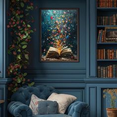 an open book on a blue chair in front of a bookshelf filled with books