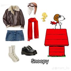 an assortment of clothing and accessories displayed on a white background with the words snoopy above it