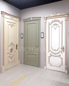 three doors in an empty room with white walls