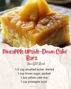 a piece of pineapple upside down cake on a white plate with text overlay