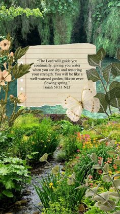 a garden filled with lots of plants and flowers next to a sign that says the lord will guide you