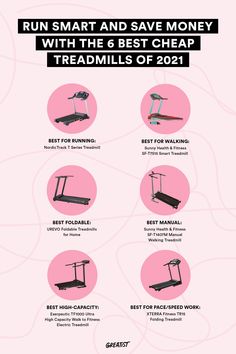 a pink poster with the words run smart and save money with the best cheap treadmills