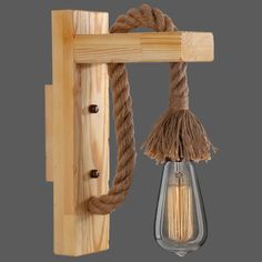 L-Shaped Wooden Lantern Wall Light With Rope Arm - Perfect Farmhouse Bedroom Lighting Wood / Adjustable Wall Lamp, Wood Lamp Shade, Rope Lamp, Wood Lantern, Vintage Wall Lights, Wooden Lanterns, Industrial Wood, Bedside Lighting, Wood Shades