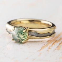 Meteorite Engagement Ring with Moss Agate Unconventional Wedding Rings, Moss Agate Wedding Ring, Unconventional Engagement Rings, Raw Stone Engagement Rings, Agate Wedding Ring, Agate Wedding, Moss Agate Engagement Ring, Meteorite Ring, Agate Engagement Ring