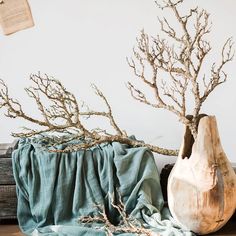 two vases with dry branches in them on a wooden table next to a blue blanket