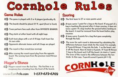 an advertisement for cornhole rules on the side of a building with information about cornhole rules