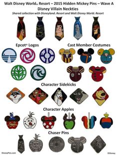 an image of different disney world badges on a white background with captioning below