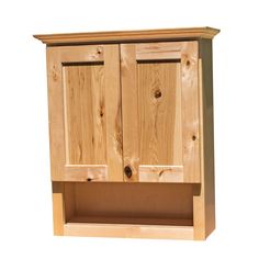 a wooden cabinet with two doors and shelves