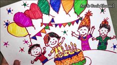 a child's drawing of birthday cake with balloons and streamers