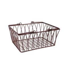 a brown wire basket with handles on a white background