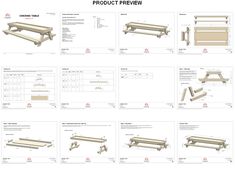 the instructions for how to build a wooden bench with benches and tables in different positions