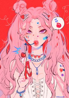 a drawing of a girl with pink hair and piercings on her ears holding scissors