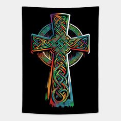 a colorful celtic cross on a black background