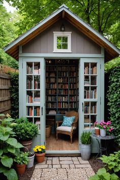 a garden shed with an open door and bookshelves