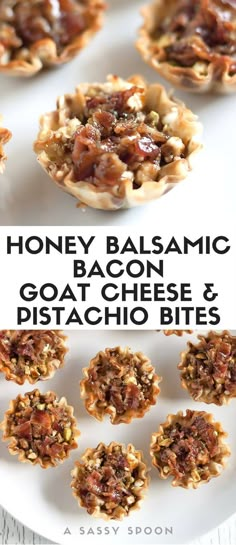 honey balsamic bacon goat cheese and pistachio bites on a white plate