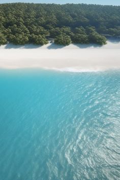 an aerial view of the water and trees in front of a sandy beach with white sand