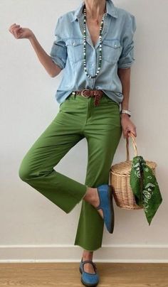 Sage Green Shirt Outfits, Green Pants Outfit Women Work, Green Pants Fall Outfit, Green Wide-leg Jeans For Spring, Spring Green Wide Leg Cargo Pants, Sightseeing Outfit Fall, Green Wide-leg Pants For Summer, Green Color Combinations Outfit, Mint Green Shoes Outfit