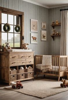 a baby's room with wooden furniture and decor