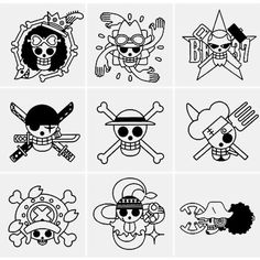 the skull and crossbones are all drawn in different styles, including one with a pirate