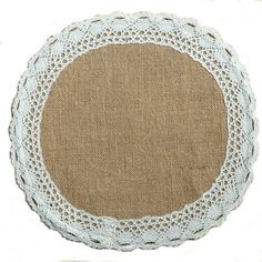 a round doily with white lace on the bottom and beige linen in the middle