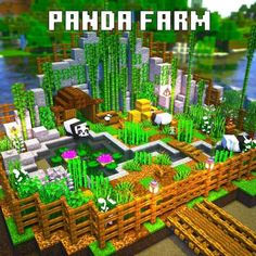 an image of a garden with animals and plants in the background, text reads panda farm