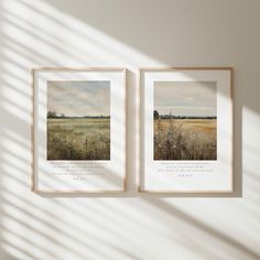 two framed pictures hanging on the wall next to each other in front of a window